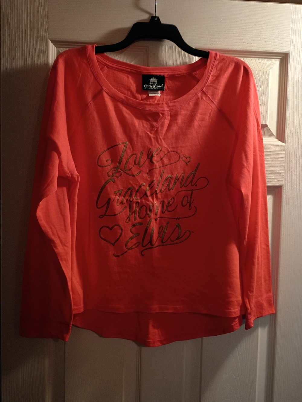 NWT Graceland Elvis Orange Highlow Long Sleeve Graphic Tee with Metallic Script
